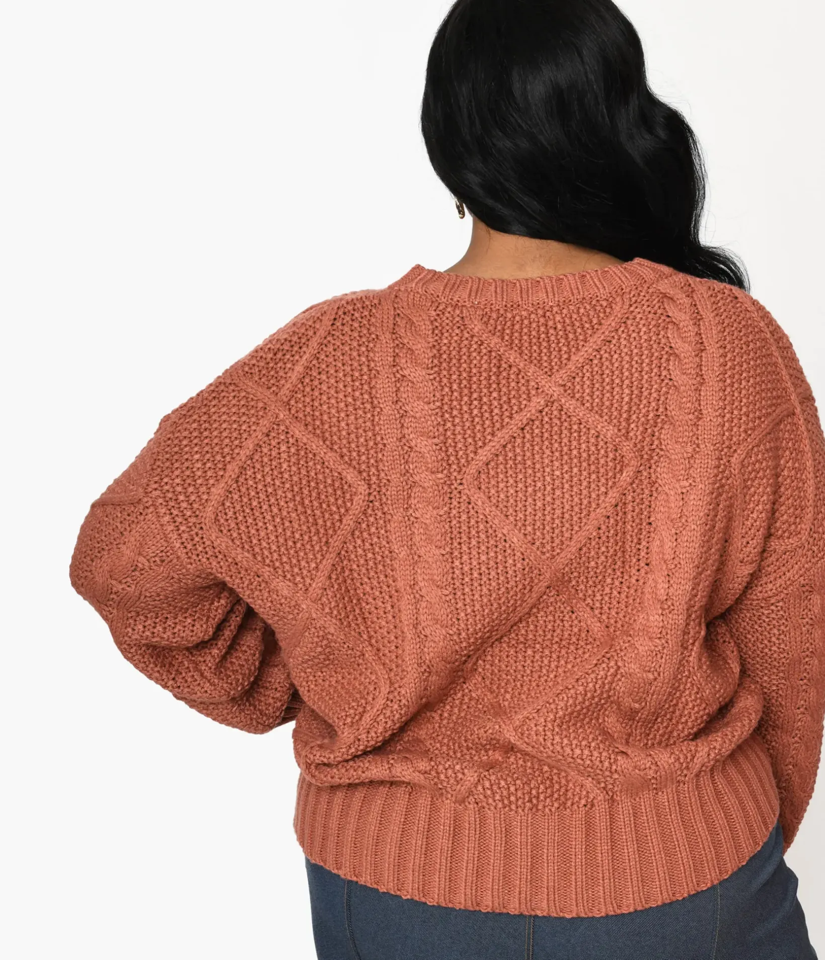 Unique Vintage Sweaters & Cardigans|Work Wear>Plus Size Brick Red Cable Knit Oversize Sweater