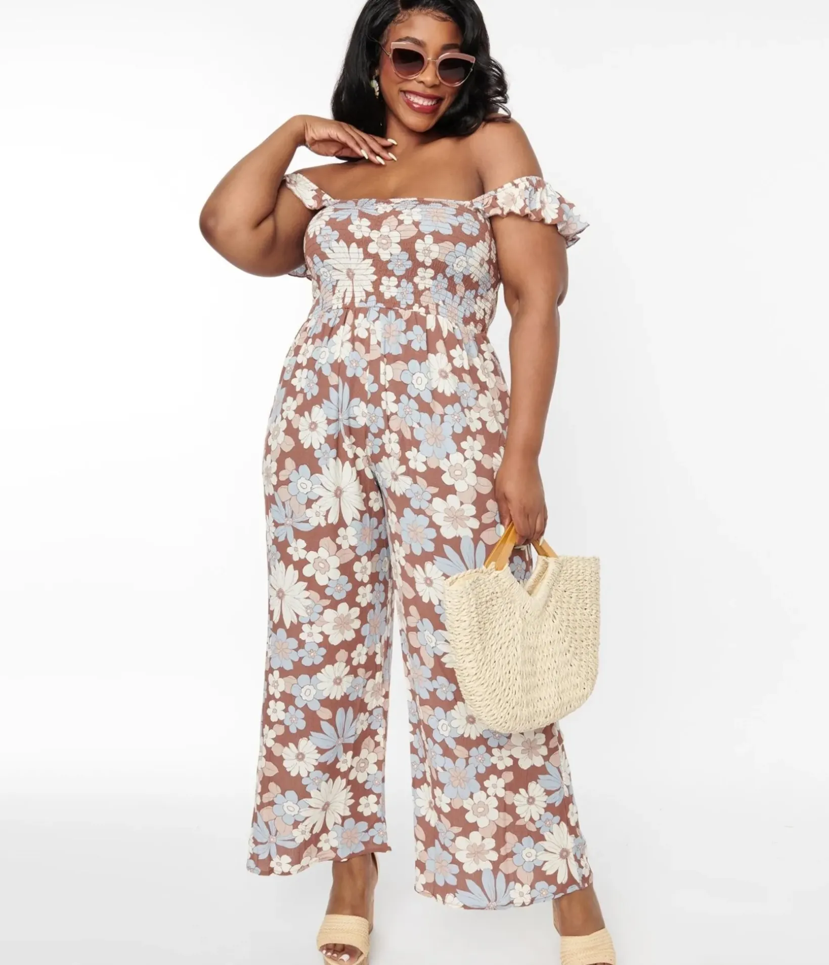 Unique Vintage Rompers & Jumpsuits|Rompers & Jumpsuits>Plus Size Brown & Muted Florals Off The Shoulder Jumpsuit