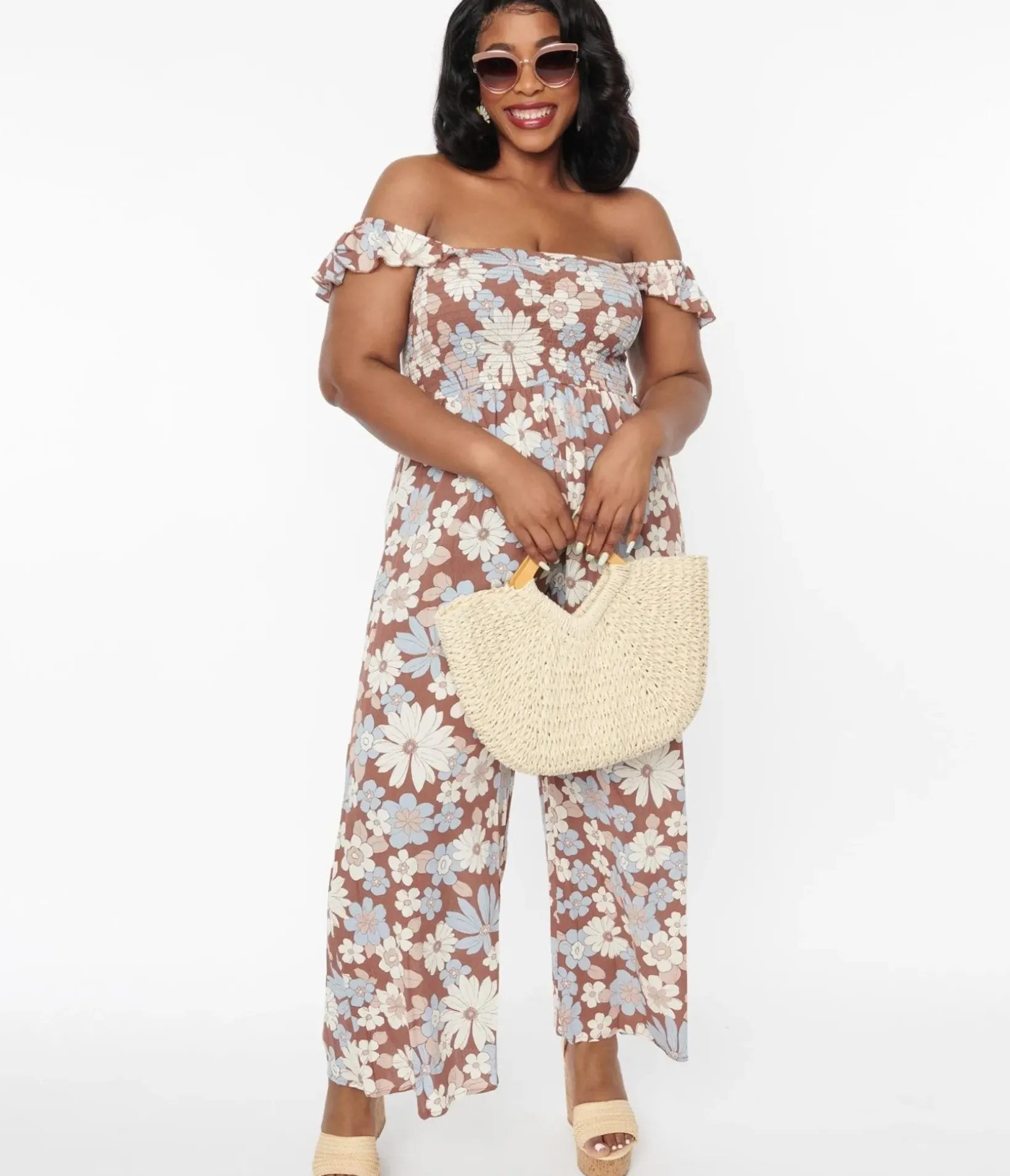 Unique Vintage Rompers & Jumpsuits|Rompers & Jumpsuits>Plus Size Brown & Muted Florals Off The Shoulder Jumpsuit