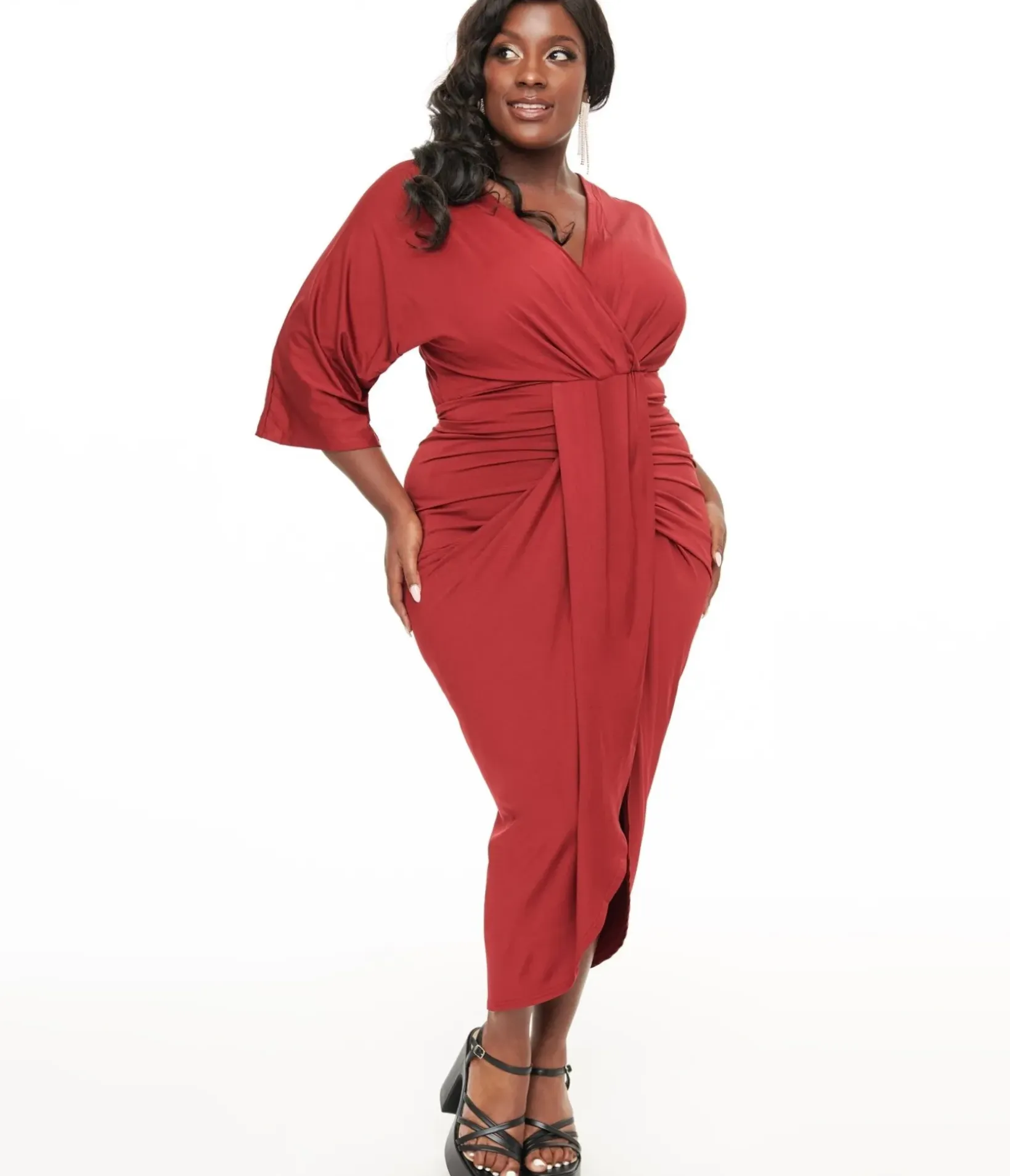 Unique Vintage Pencil|Pencil>Plus Size Burgundy Ruched Wiggle Dress