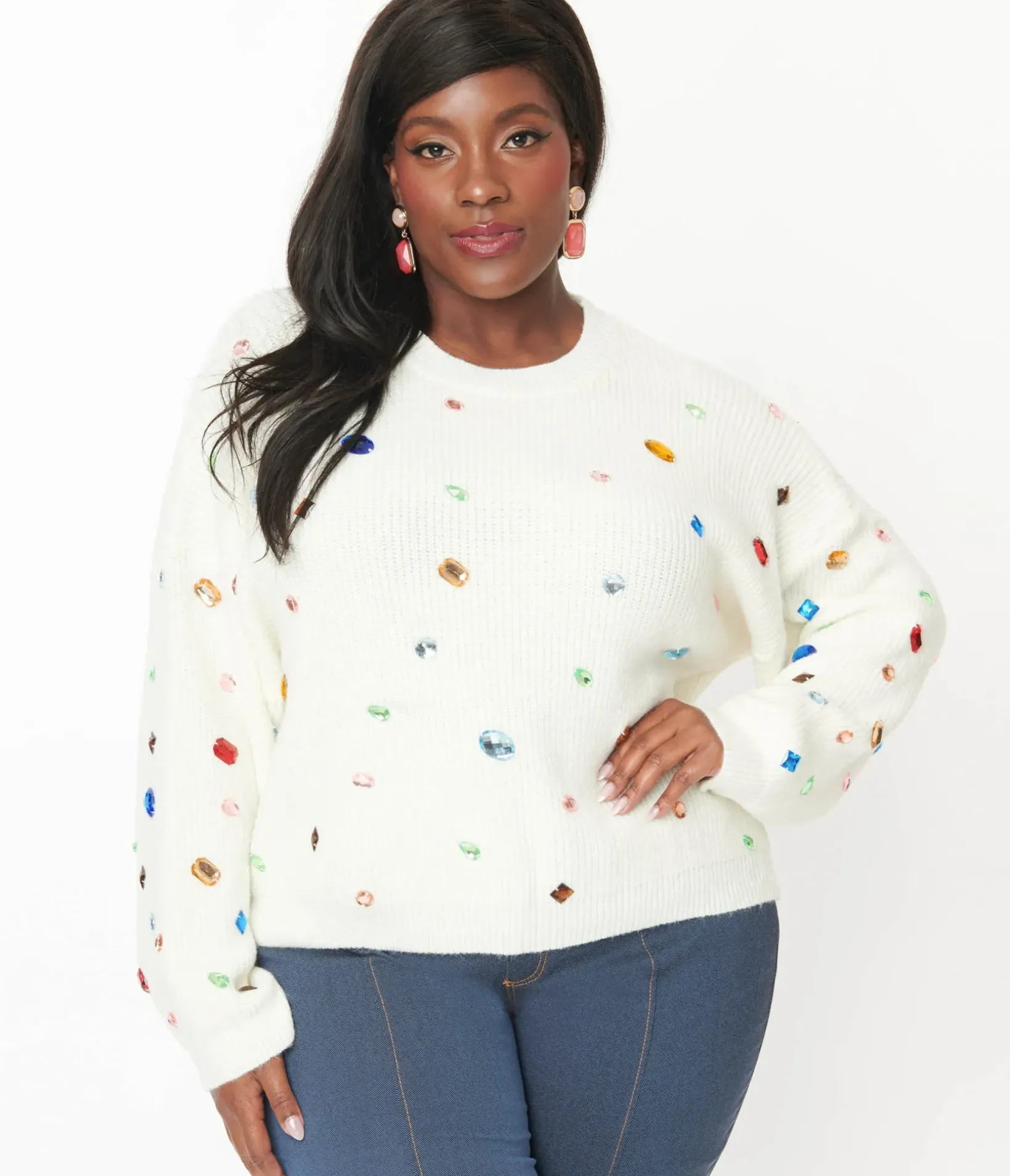 Unique Vintage Sweaters & Cardigans|Sweaters & Cardigans>Plus Size Cream Bejeweled Pullover Sweater