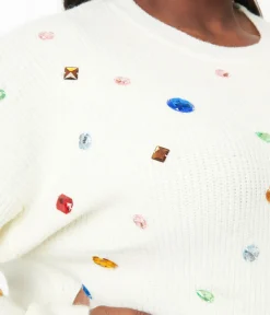 Unique Vintage Sweaters & Cardigans|Sweaters & Cardigans>Plus Size Cream Bejeweled Pullover Sweater