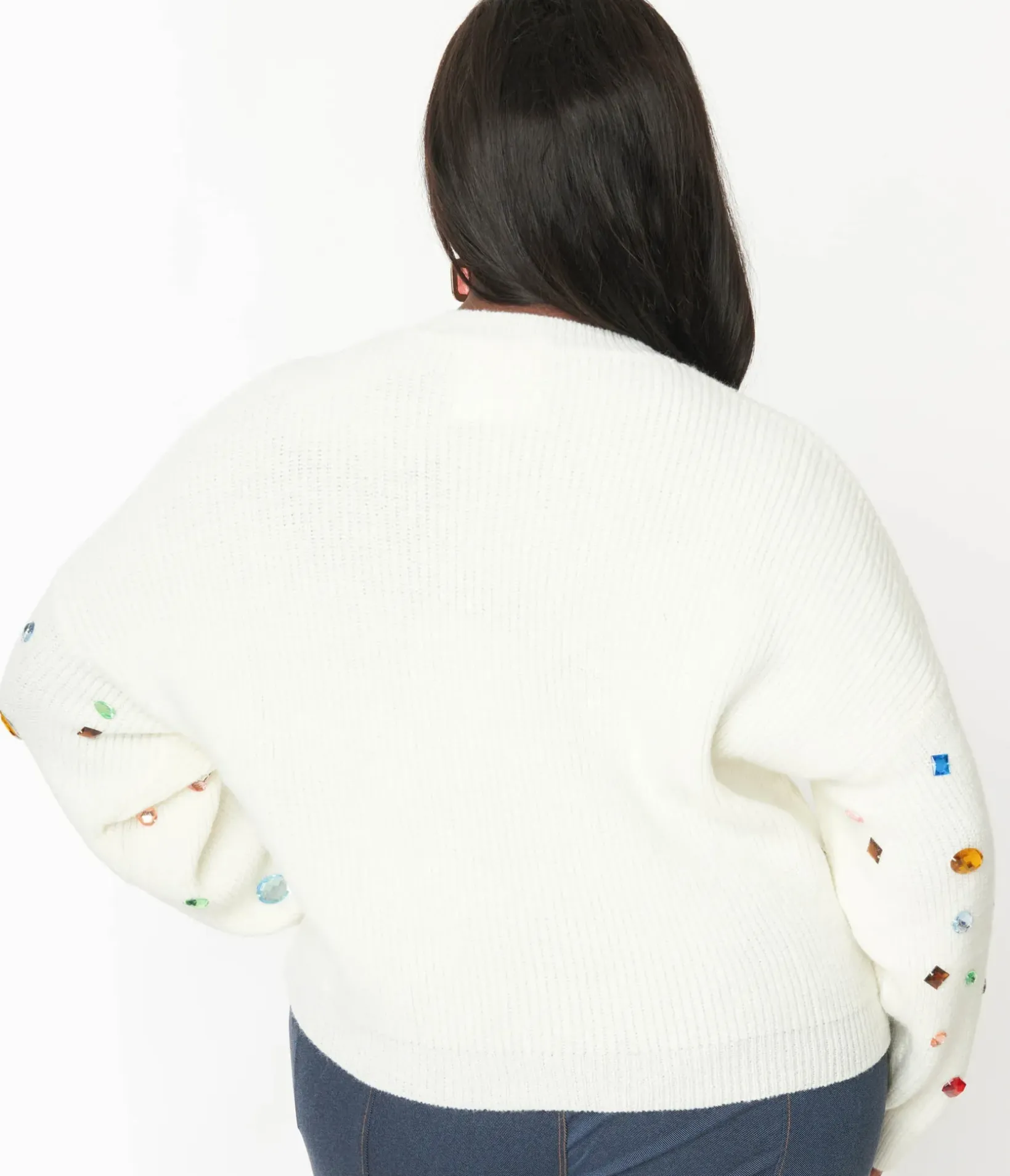 Unique Vintage Sweaters & Cardigans|Sweaters & Cardigans>Plus Size Cream Bejeweled Pullover Sweater