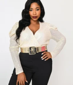 Unique Vintage Work Wear>Plus Size Cream Sequin Long Sleeve Bodysuit