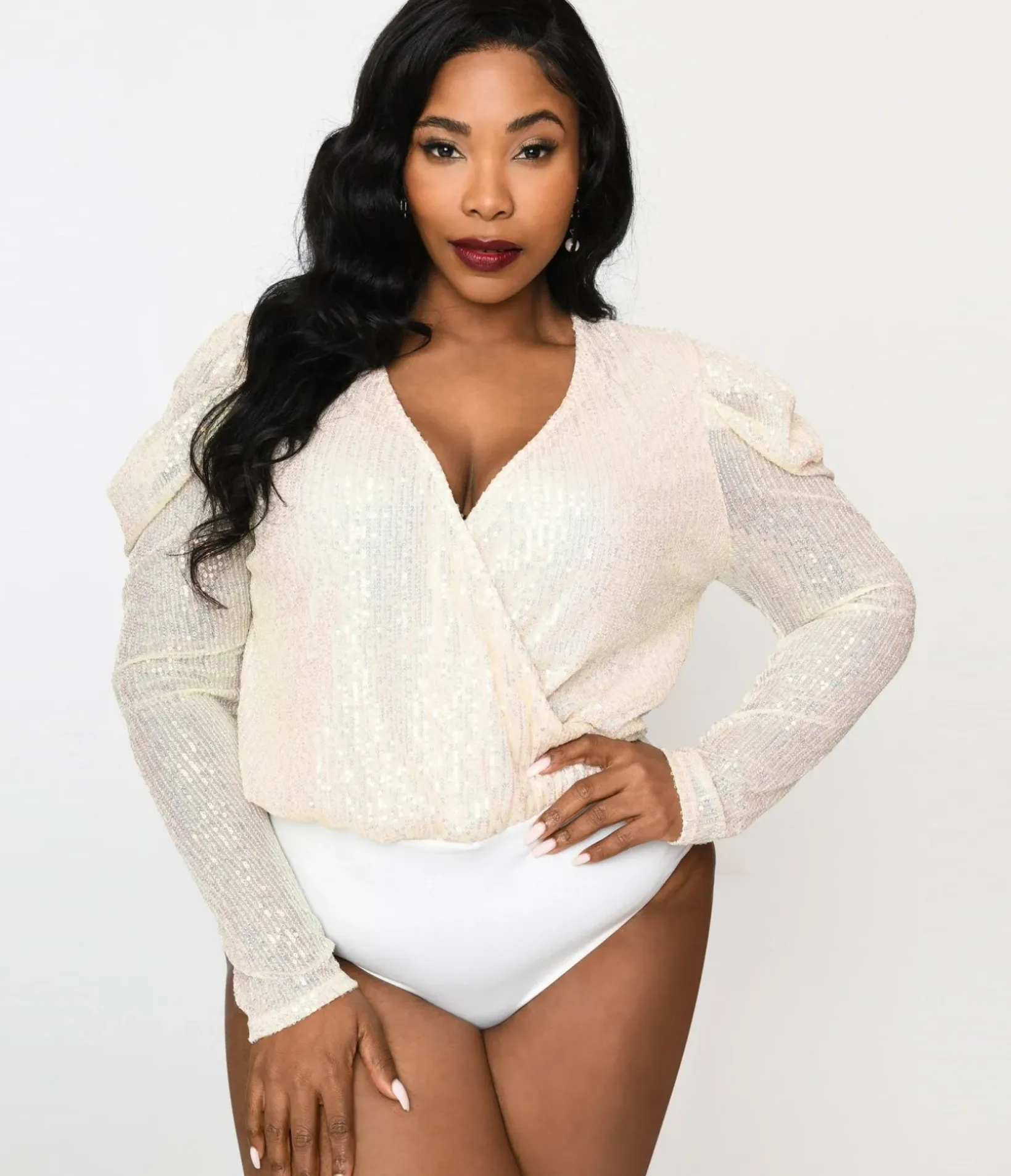 Unique Vintage Work Wear>Plus Size Cream Sequin Long Sleeve Bodysuit