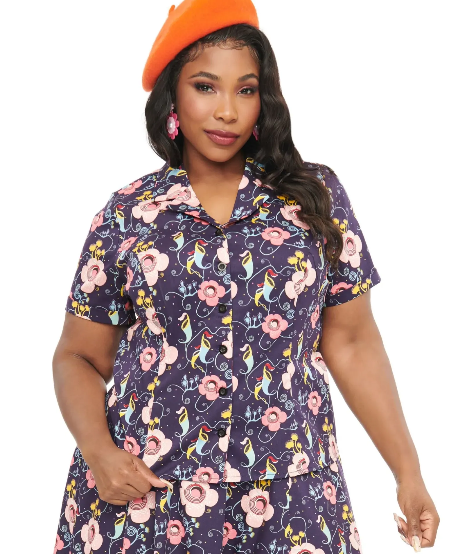 Unique Vintage Blouses|Blouses>Plus Size Dark Blue Carnivorous Plants Print Collared Top