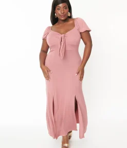 Unique Vintage Maxi|Midi & Maxi>Plus Size Dusty Pink Off She Shoulder Maxi Dress