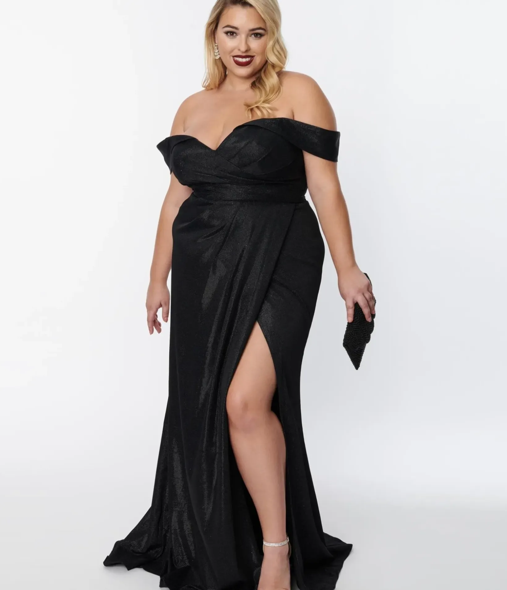 Unique Vintage Special Occasion|Prom Dresses>Plus Size Elegant Black Shimmer Off The Shoulder Dress