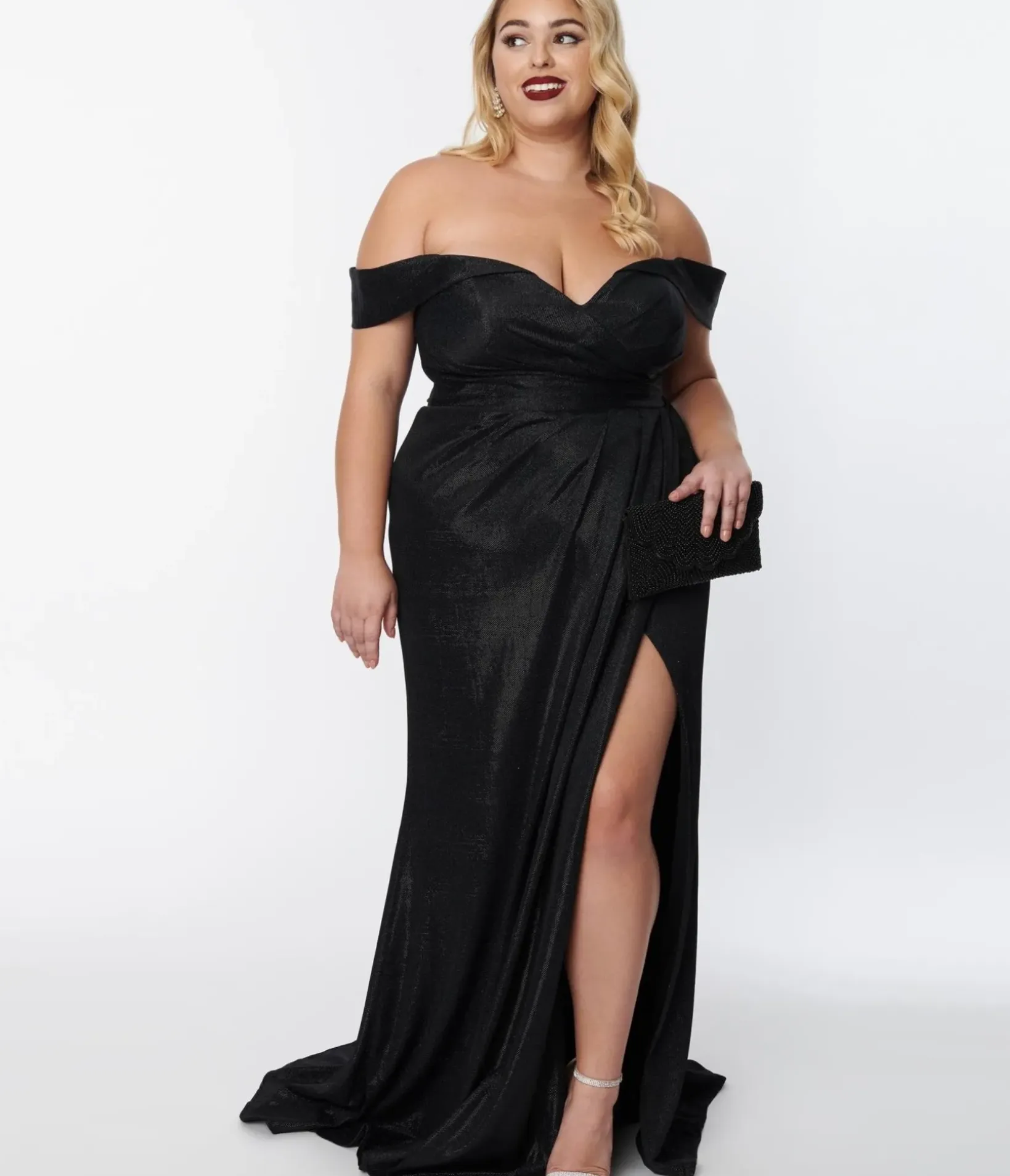Unique Vintage Special Occasion|Prom Dresses>Plus Size Elegant Black Shimmer Off The Shoulder Dress