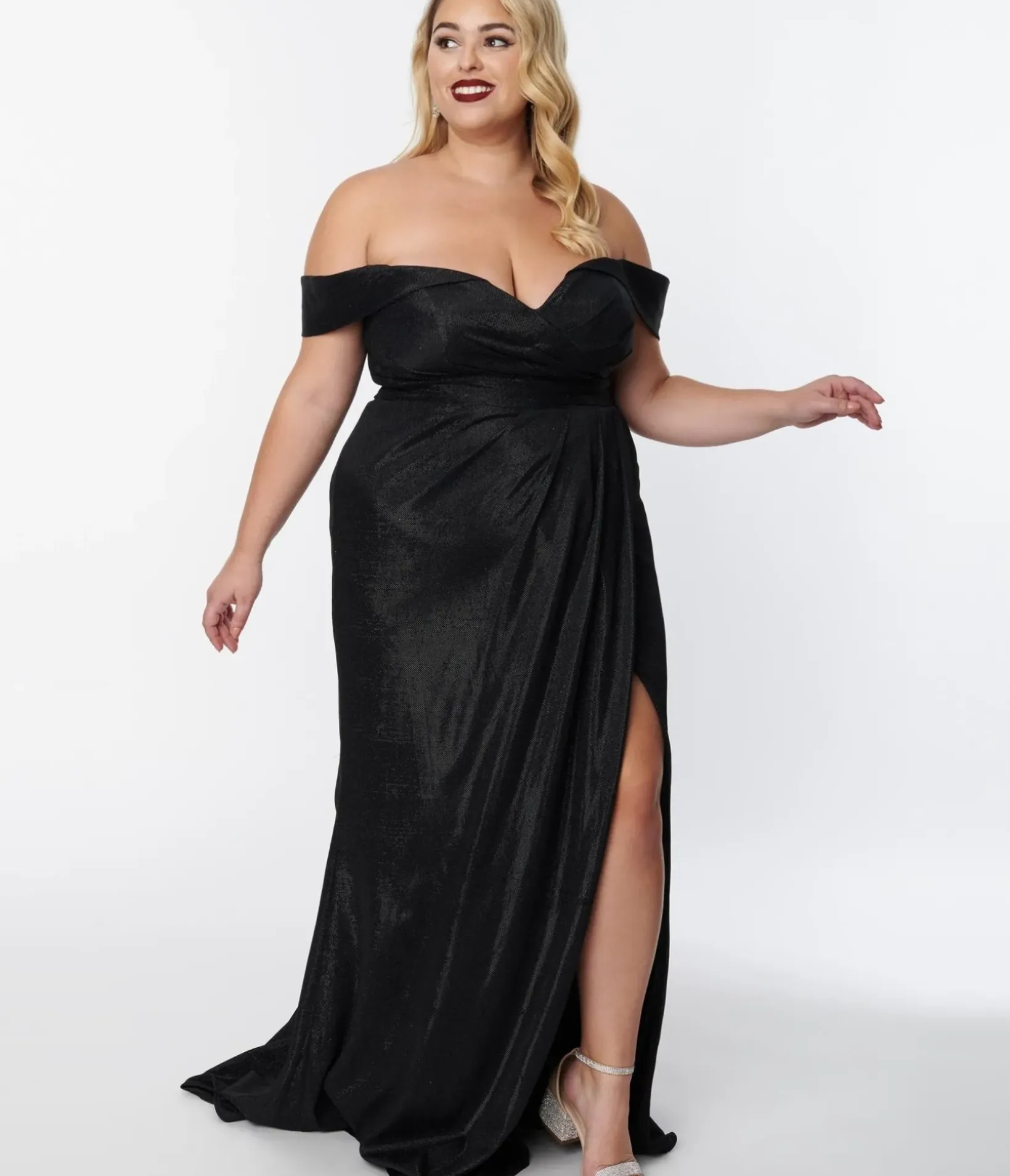 Unique Vintage Special Occasion|Prom Dresses>Plus Size Elegant Black Shimmer Off The Shoulder Dress