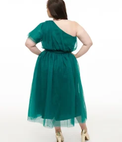 Unique Vintage Midi|Everyday Dresses>Plus Size Emerald Tulle Lively Charm Midi Dress