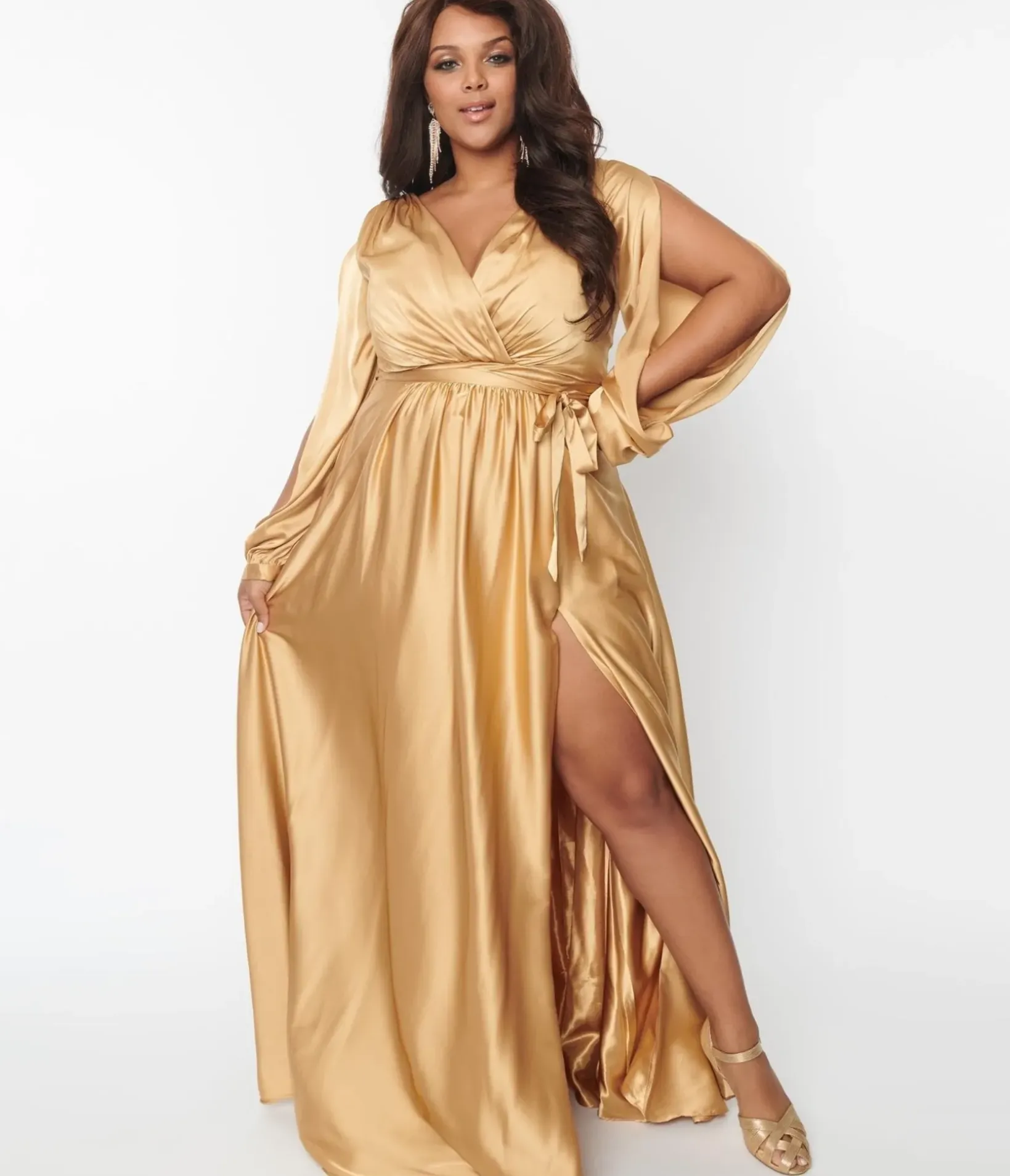 Unique Vintage Special Occasion|Prom Dresses>Plus Size Gold Satin Long Sleeve Goddess Gown