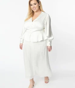 Unique Vintage Everyday Dresses>Plus Size Ivory Long Sleeve Blouse & Midi Skirt Bridal Set