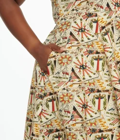 Unique Vintage Swing|Pocket Dresses>Plus Size Ivory & Tarot Card Print Cotton Swing Dress