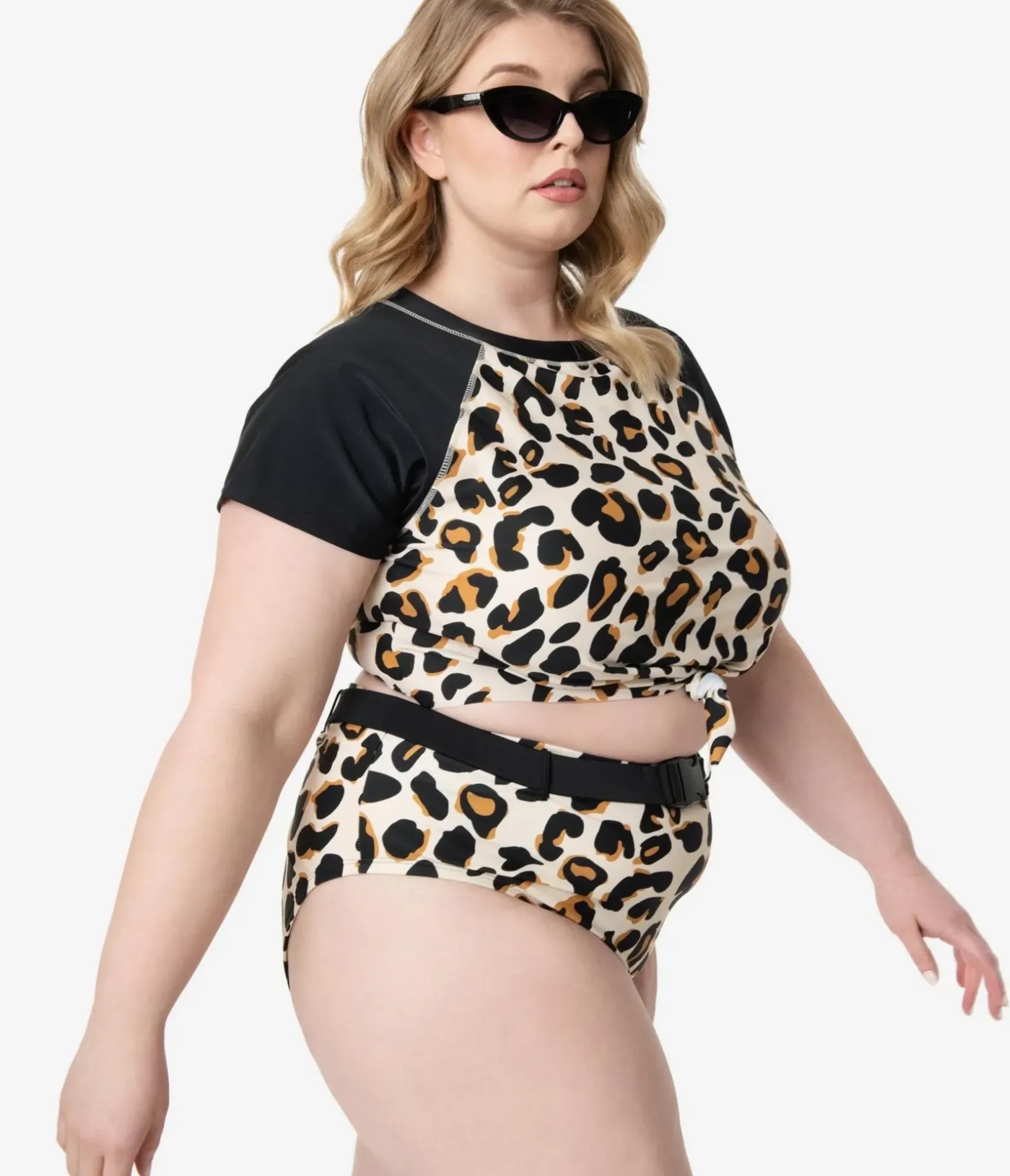 Unique Vintage Two Piece Swim|Swim Bottoms>Plus Size Leopard Print Belted Swim Bottom