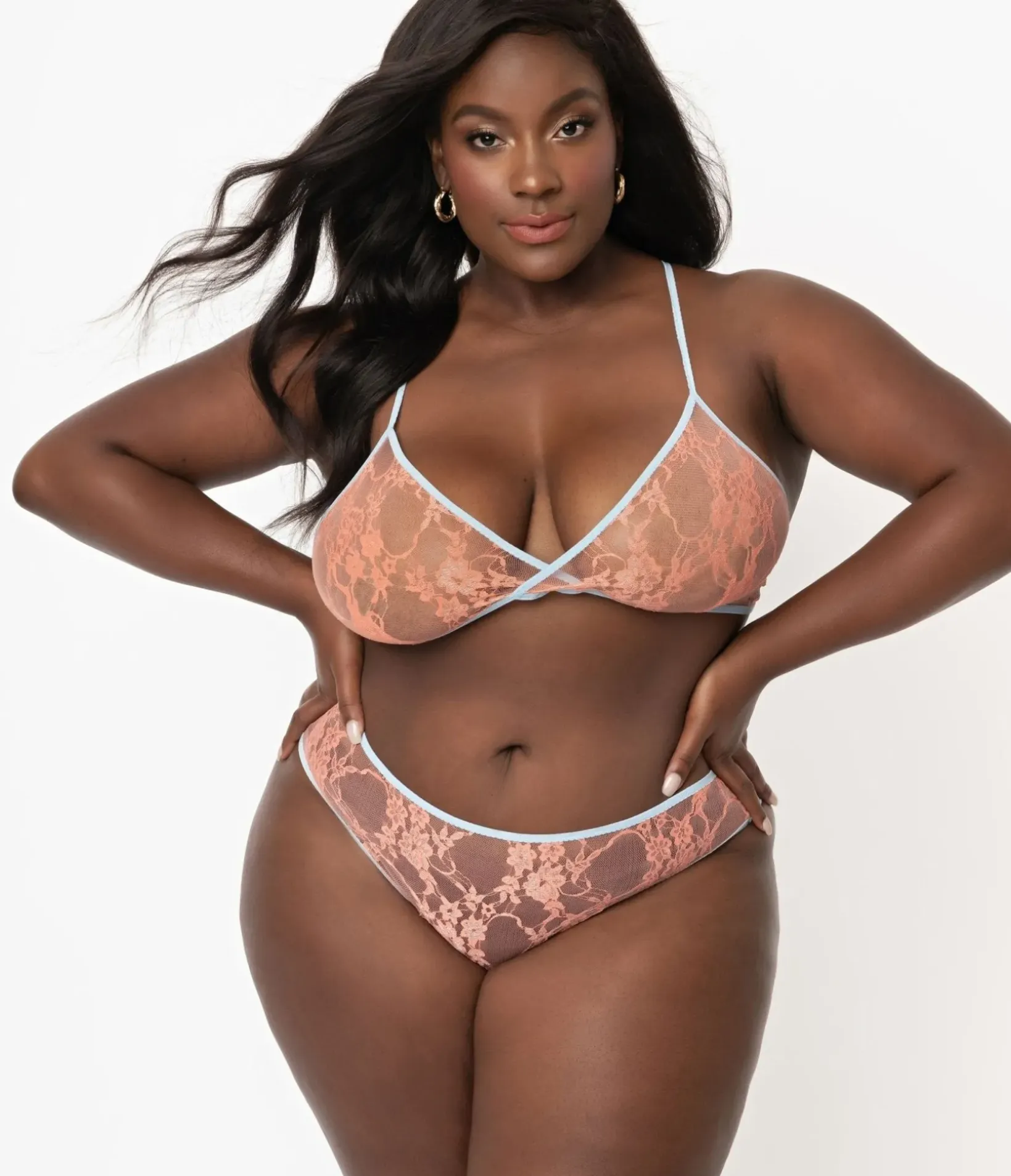 Unique Vintage Lingerie & Shapewear>Plus Size Light Blue & Peach Sheer Lace Cheeky Underwear