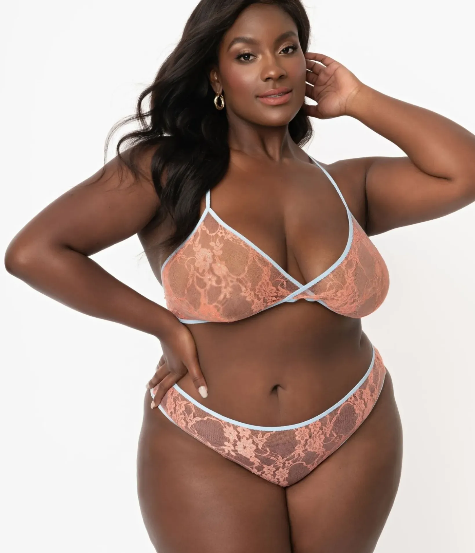 Unique Vintage Lingerie & Shapewear>Plus Size Light Blue & Peach Sheer Lace Cheeky Underwear