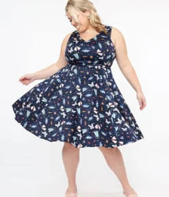 Unique Vintage Swing|Swing>Plus Size Navy & Multicolor Bug Cotton Swing Dress