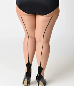 Unique Vintage Special Occasion|Prom Accessories>Plus Size Nude & Black Sheer Cuban Heel Pantyhose