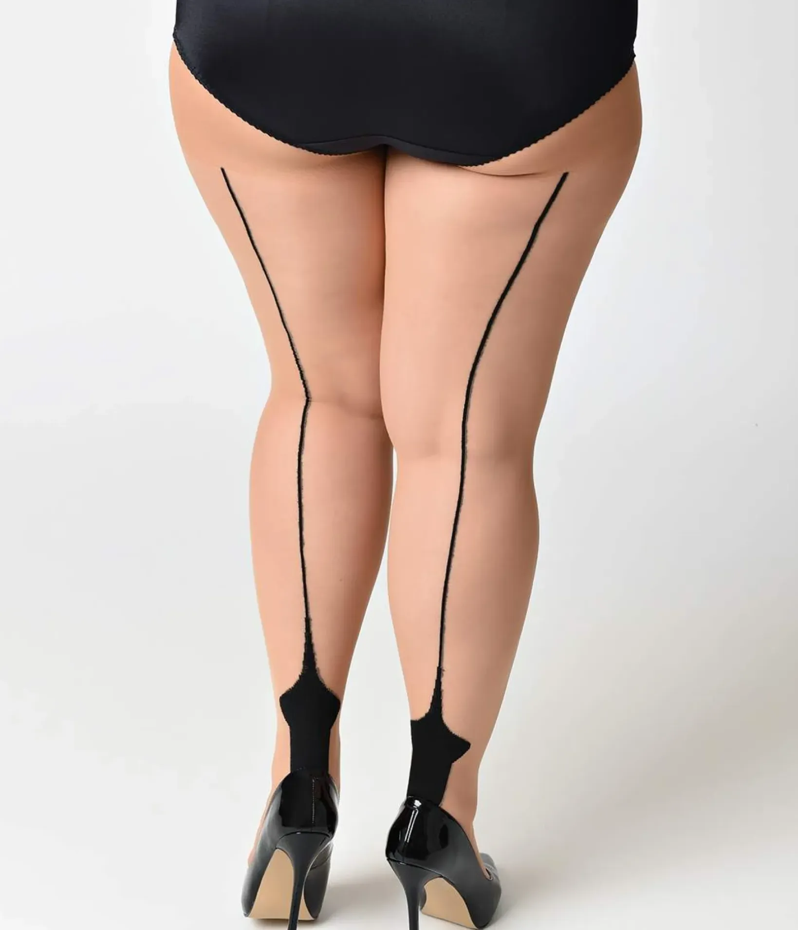 Unique Vintage Special Occasion|Prom Accessories>Plus Size Nude & Black Sheer Cuban Heel Pantyhose