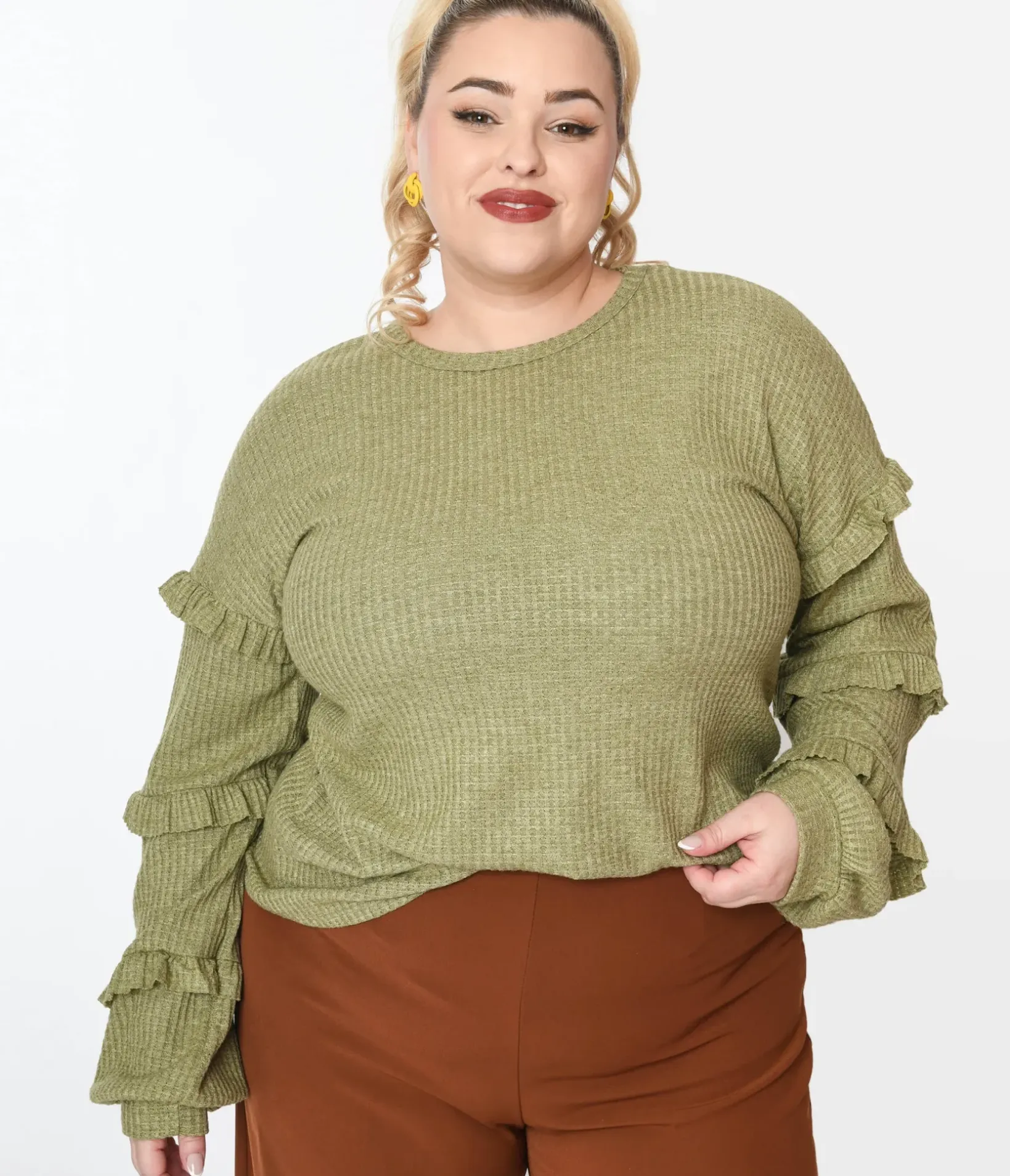 Unique Vintage Sweaters & Cardigans|Sweaters & Cardigans>Plus Size Olive Green Ruffle Trim Ribbed Pullover Sweater