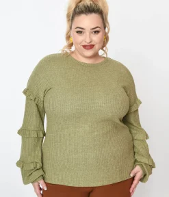 Unique Vintage Sweaters & Cardigans|Sweaters & Cardigans>Plus Size Olive Green Ruffle Trim Ribbed Pullover Sweater