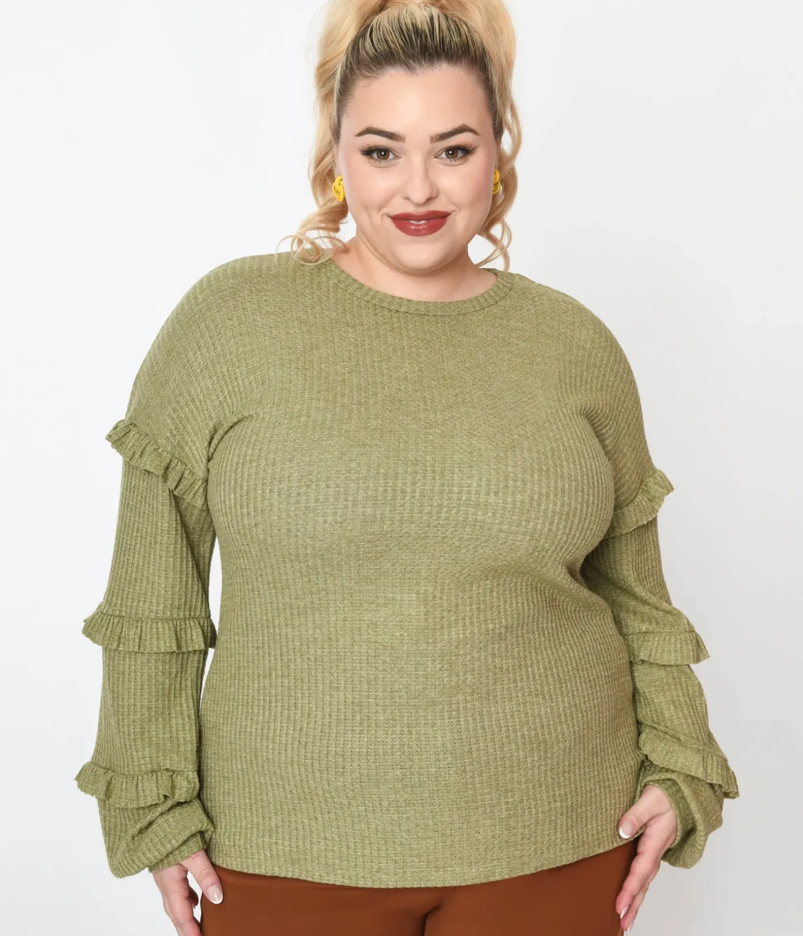 Unique Vintage Sweaters & Cardigans|Sweaters & Cardigans>Plus Size Olive Green Ruffle Trim Ribbed Pullover Sweater