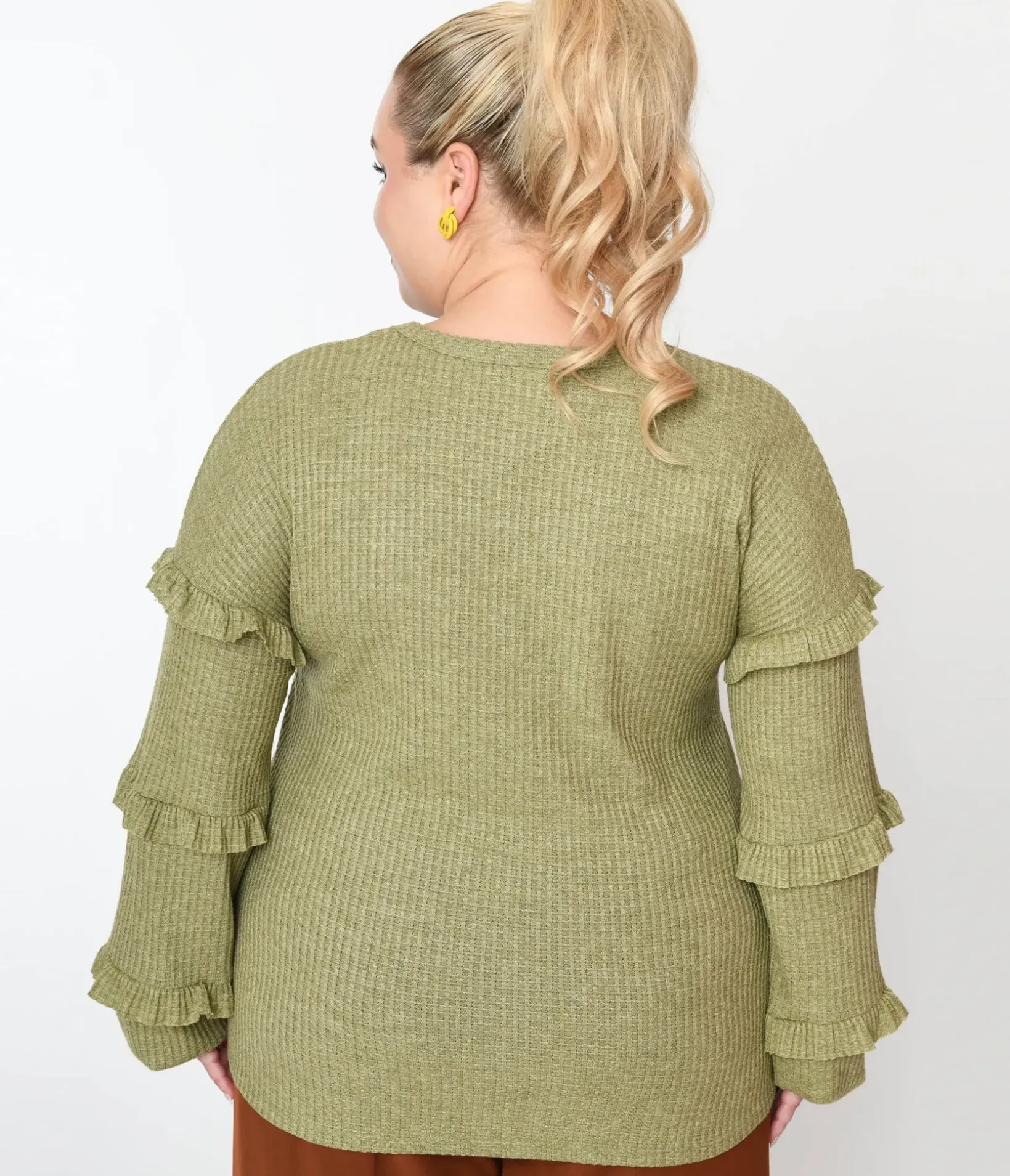 Unique Vintage Sweaters & Cardigans|Sweaters & Cardigans>Plus Size Olive Green Ruffle Trim Ribbed Pullover Sweater