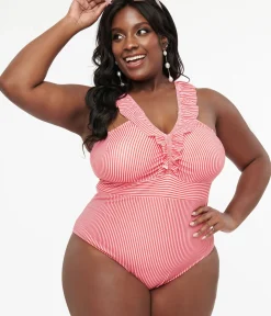 Unique Vintage One Piece Swim|All Things Pink>Plus Size Red & Pink Striped Ruffle Sleeve One Piece Swimsuit