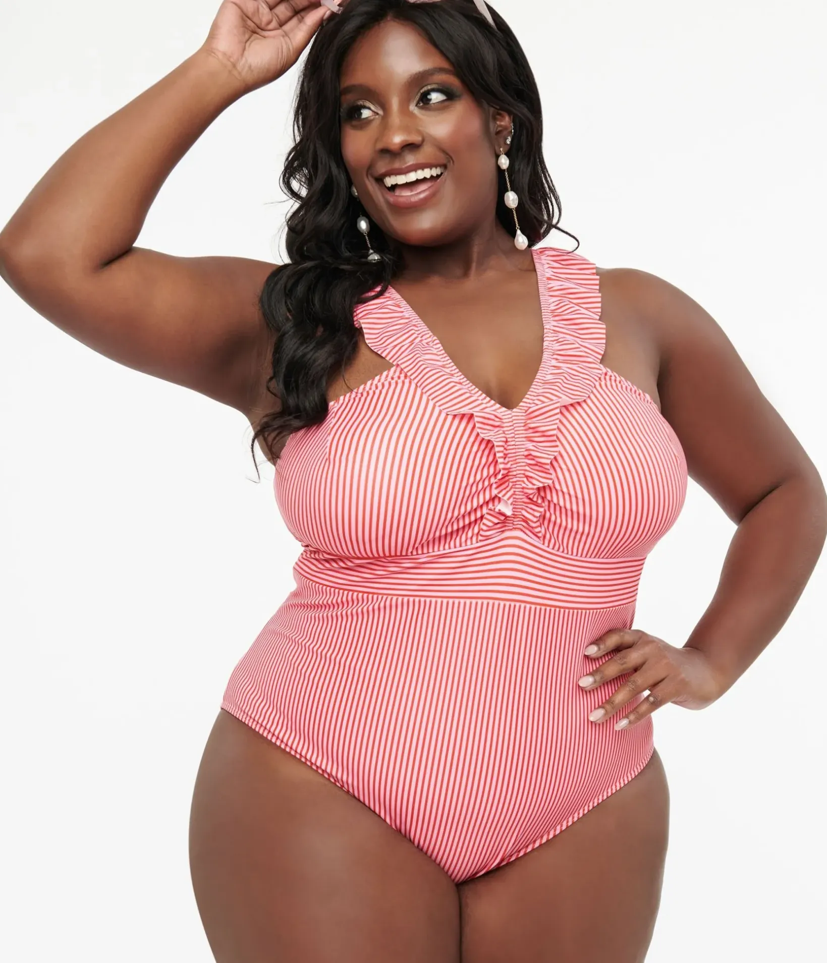 Unique Vintage One Piece Swim|All Things Pink>Plus Size Red & Pink Striped Ruffle Sleeve One Piece Swimsuit
