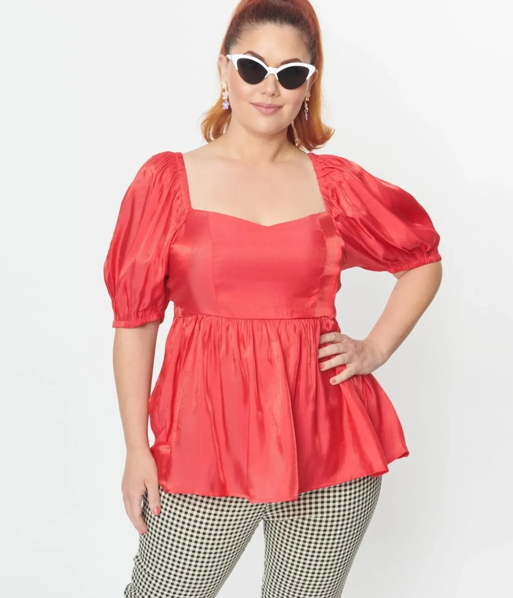 Unique Vintage All Things Red>Plus Size Red Shimmer Babydoll Top