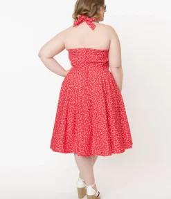 Unique Vintage All Things Red>Plus Size Retro Red & White Floral Halter Kimberly Swing Dress