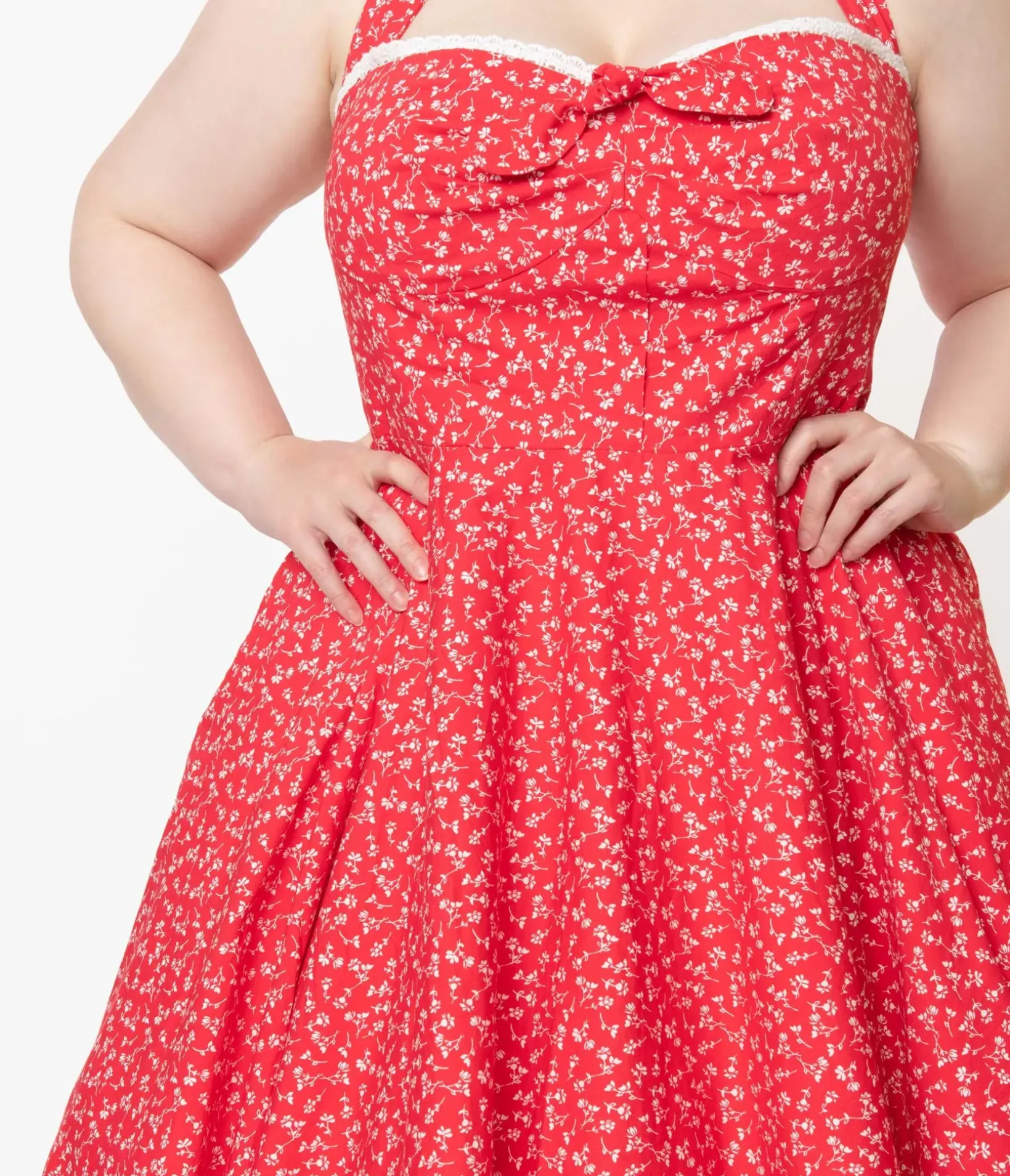 Unique Vintage All Things Red>Plus Size Retro Red & White Floral Halter Kimberly Swing Dress