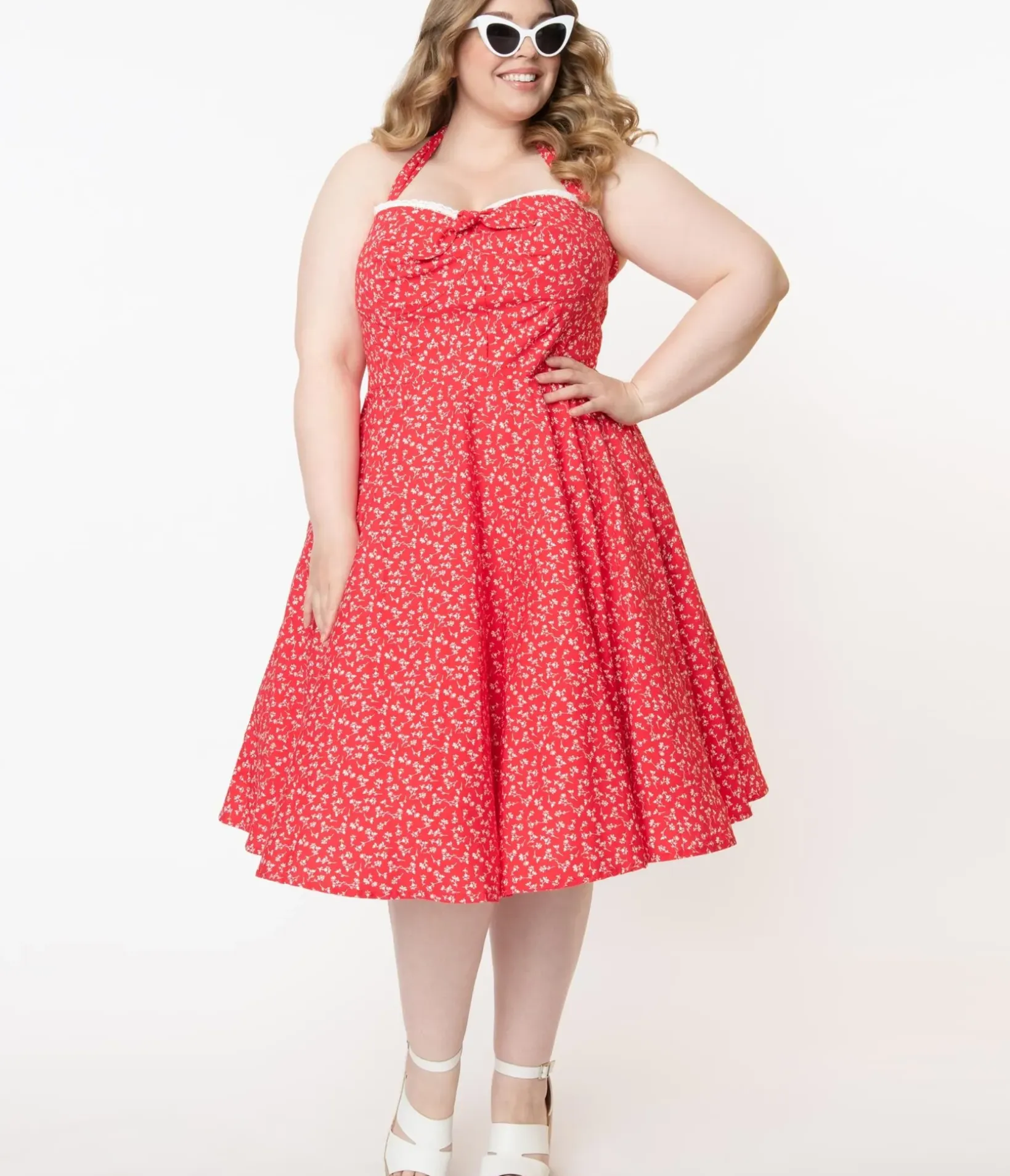Unique Vintage All Things Red>Plus Size Retro Red & White Floral Halter Kimberly Swing Dress