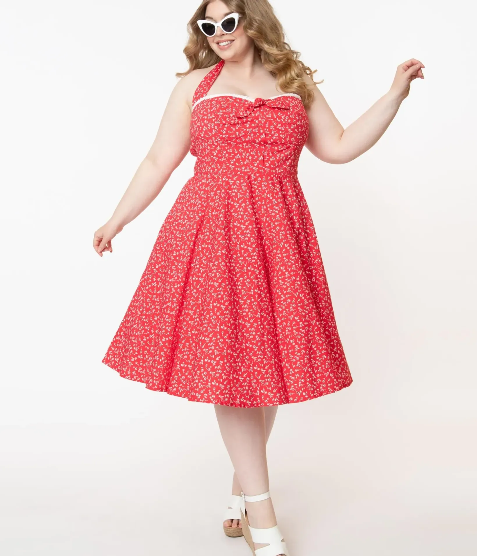 Unique Vintage All Things Red>Plus Size Retro Red & White Floral Halter Kimberly Swing Dress