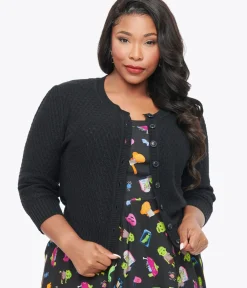 Unique Vintage Sweaters & Cardigans|All Things Black>Plus Size Retro Style Black Cotton Crochet Sleeved Button Cardigan