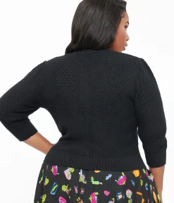 Unique Vintage Sweaters & Cardigans|All Things Black>Plus Size Retro Style Black Cotton Crochet Sleeved Button Cardigan