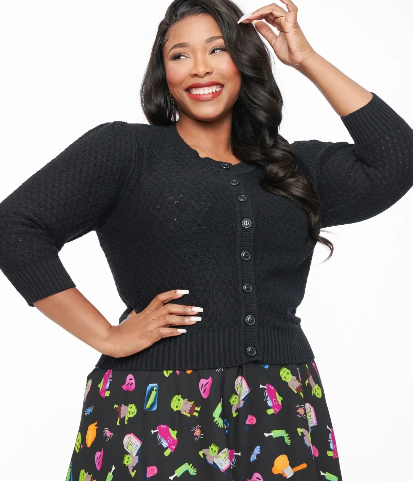 Unique Vintage Sweaters & Cardigans|All Things Black>Plus Size Retro Style Black Cotton Crochet Sleeved Button Cardigan