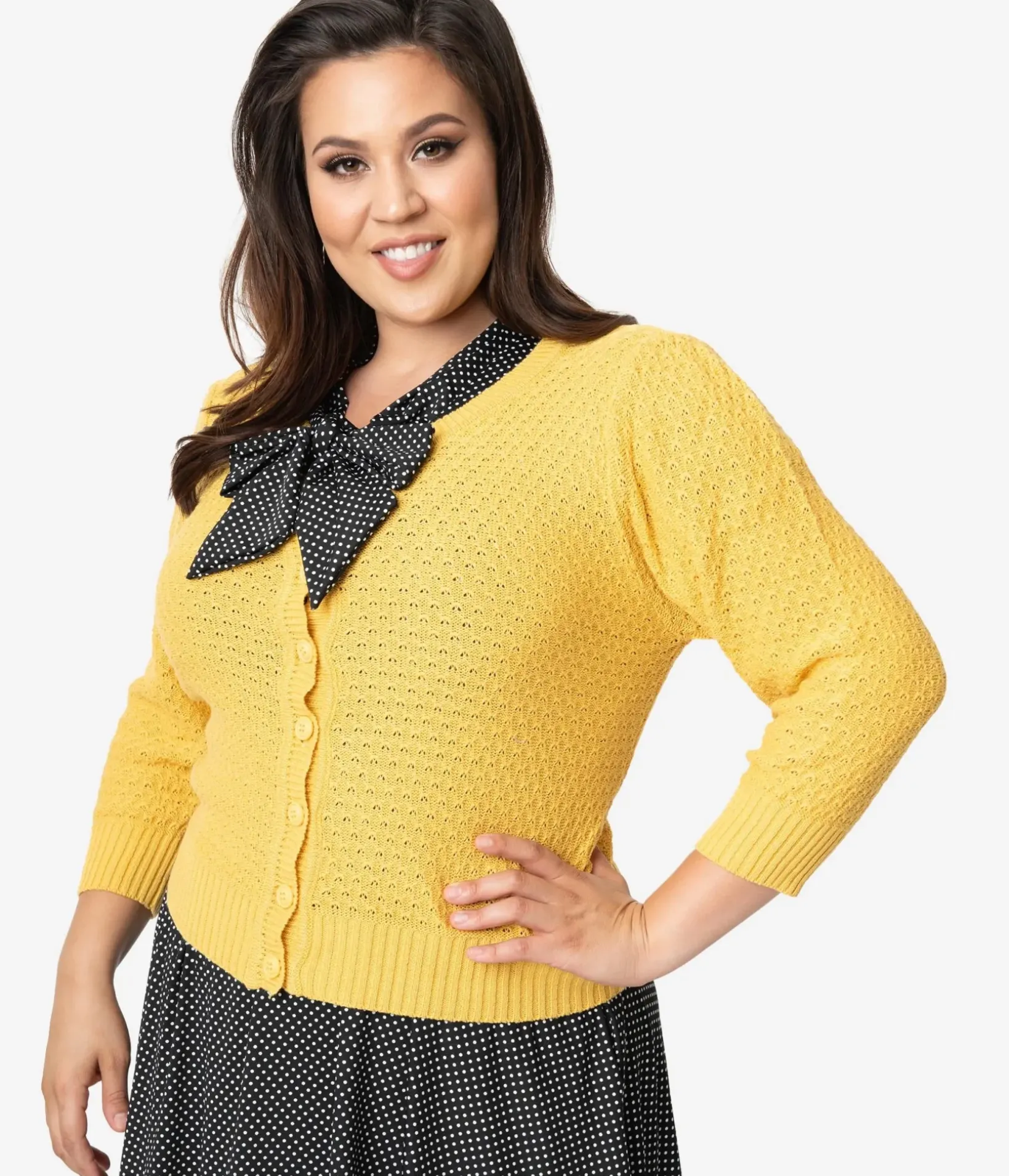 Unique Vintage Sweaters & Cardigans|Sweaters & Cardigans>Plus Size Retro Style Honey Yellow Cotton Crochet Sleeved Button Cardigan