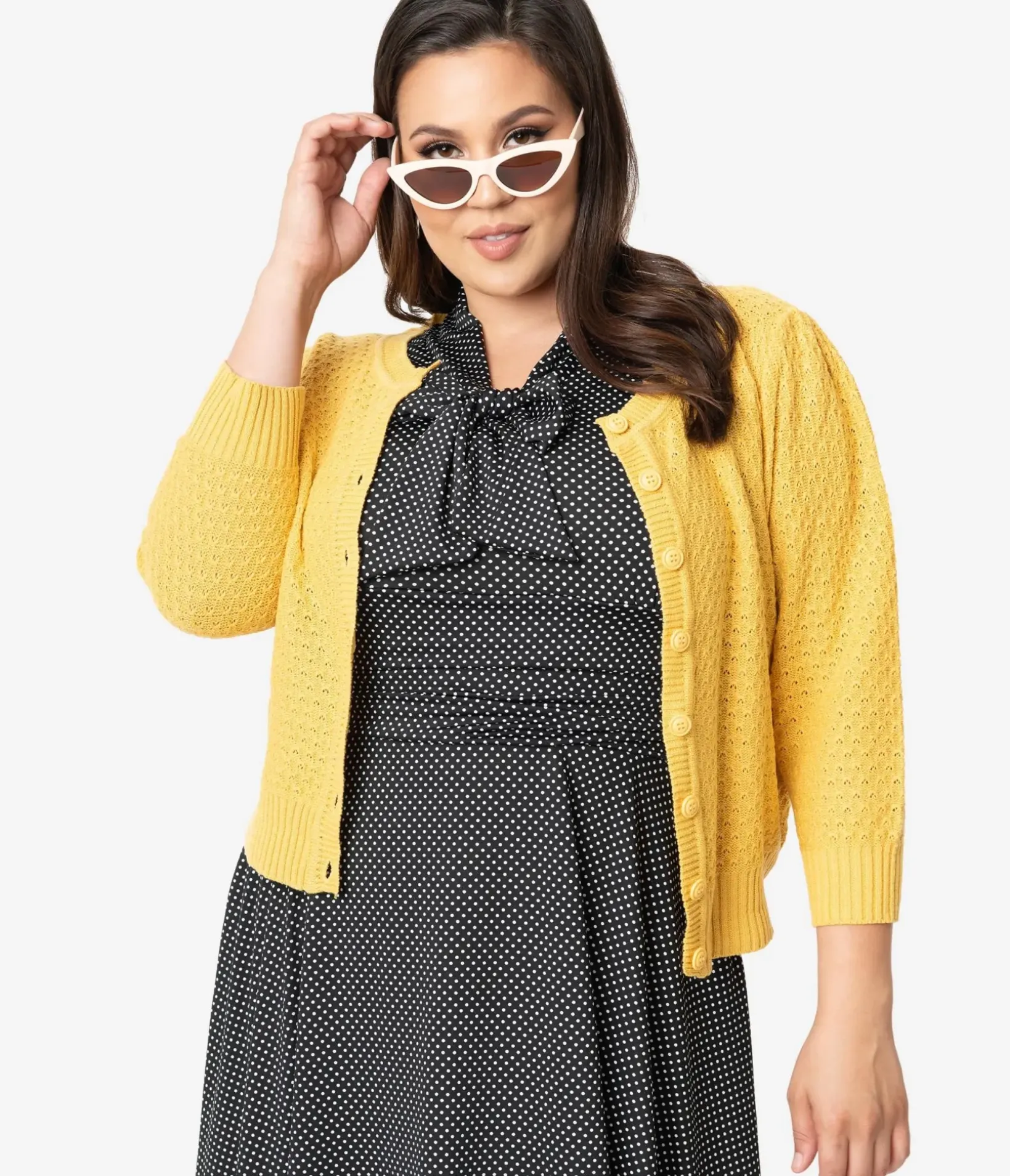 Unique Vintage Sweaters & Cardigans|Sweaters & Cardigans>Plus Size Retro Style Honey Yellow Cotton Crochet Sleeved Button Cardigan