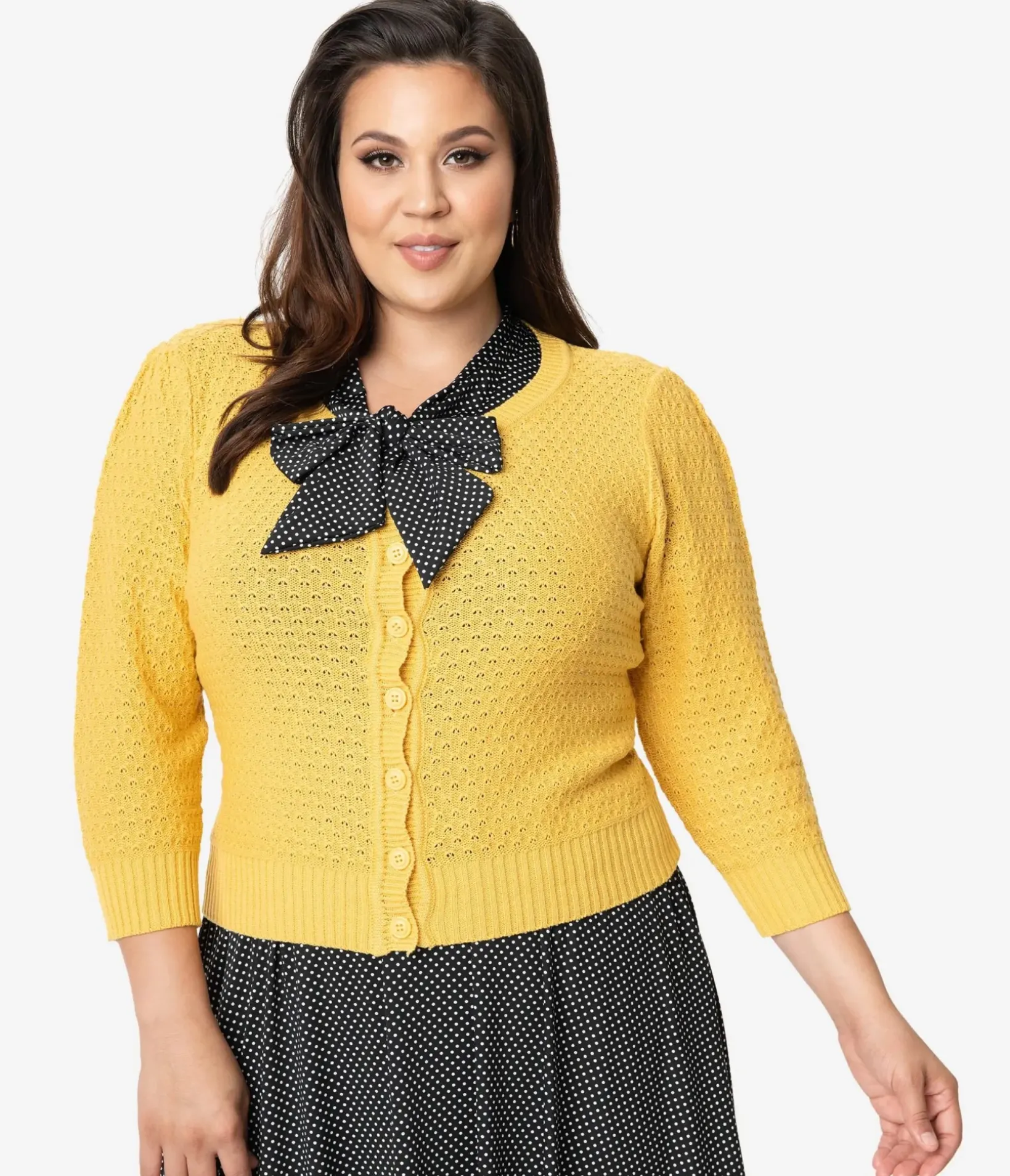 Unique Vintage Sweaters & Cardigans|Sweaters & Cardigans>Plus Size Retro Style Honey Yellow Cotton Crochet Sleeved Button Cardigan