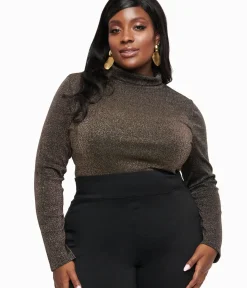 Unique Vintage Work Wear>Plus Size 1950s Black Opal Lurex Mock Turtleneck Top
