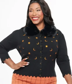 Unique Vintage Sweaters & Cardigans|Halloween>Plus Size 1950s Black & Orange Half Moon Cardigan