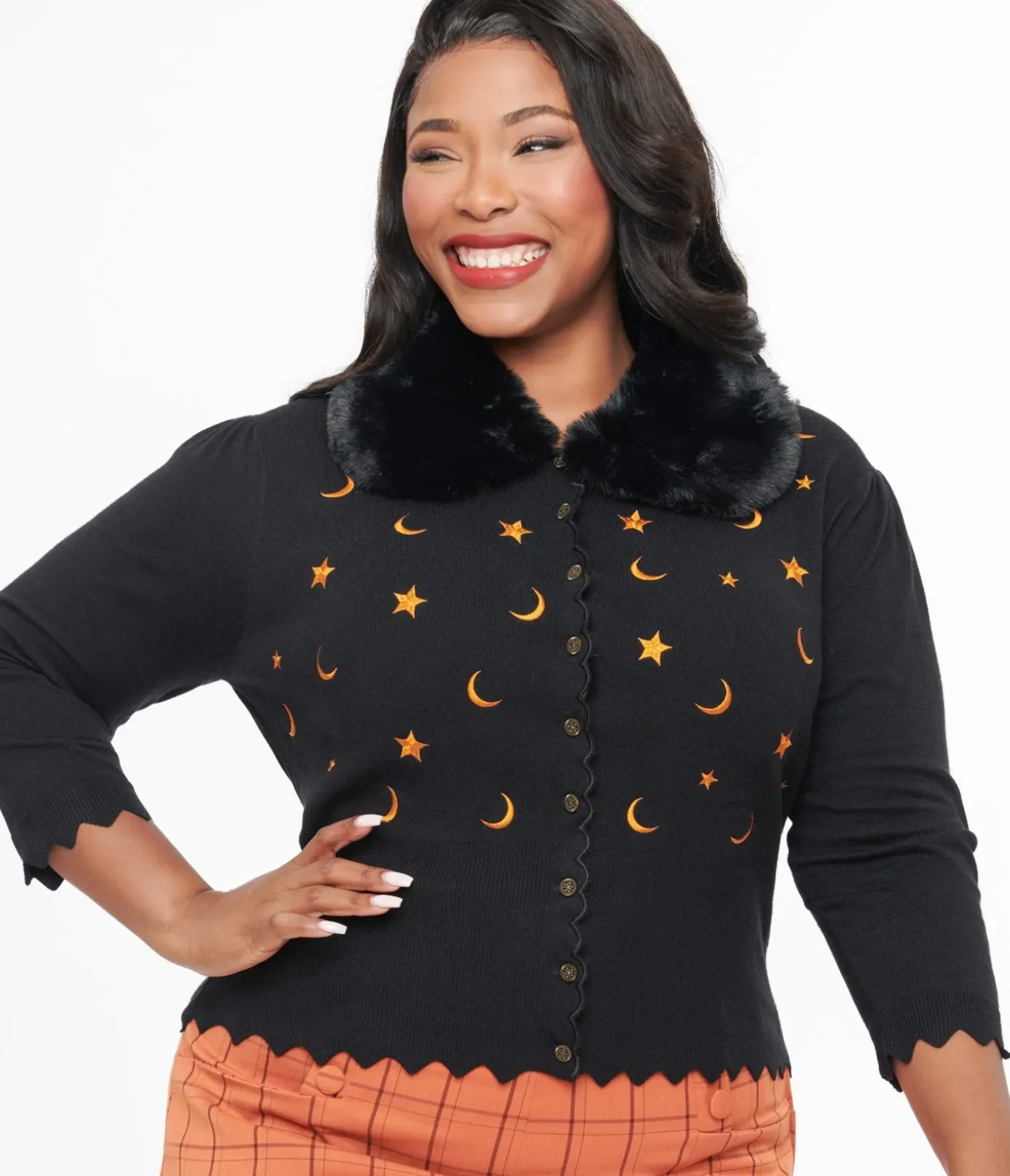 Unique Vintage Sweaters & Cardigans|Halloween>Plus Size 1950s Black & Orange Half Moon Cardigan