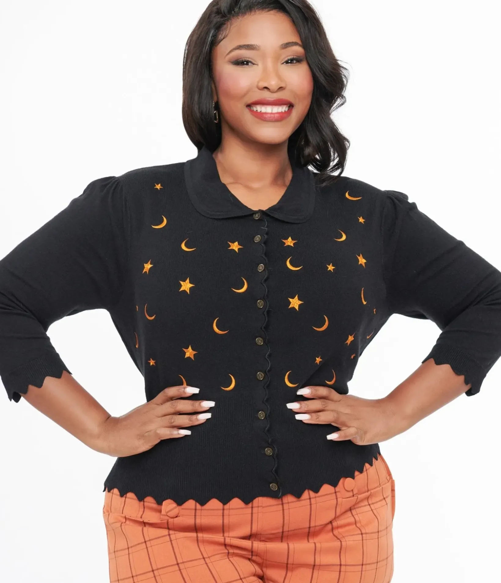 Unique Vintage Sweaters & Cardigans|Halloween>Plus Size 1950s Black & Orange Half Moon Cardigan