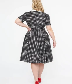 Unique Vintage Swing|Pocket Dresses>Plus Size 1950s Black & White Polka Dot Brielle Swing Dress