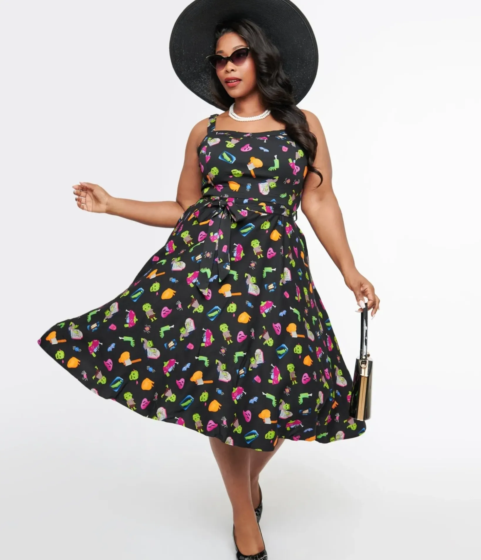 Unique Vintage Swing|Pocket Dresses>Plus Size 1950s Black Zombie Print Lori Swing Dress