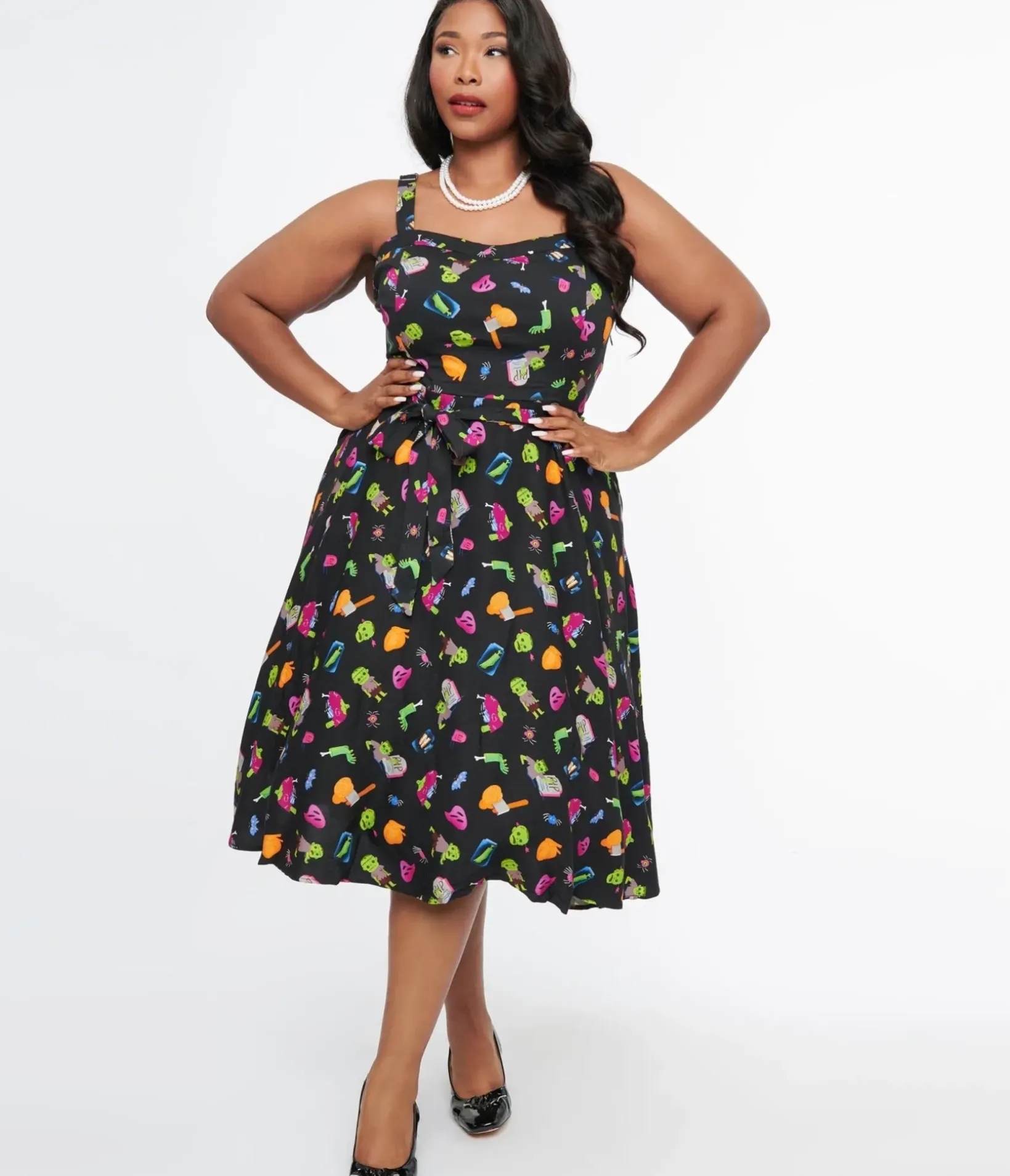 Unique Vintage Swing|Pocket Dresses>Plus Size 1950s Black Zombie Print Lori Swing Dress