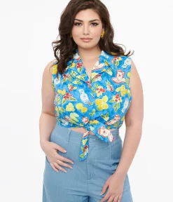 Unique Vintage Summer Vacation>Plus Size 1950s Blue Lemon In My Tea Print Crop Top