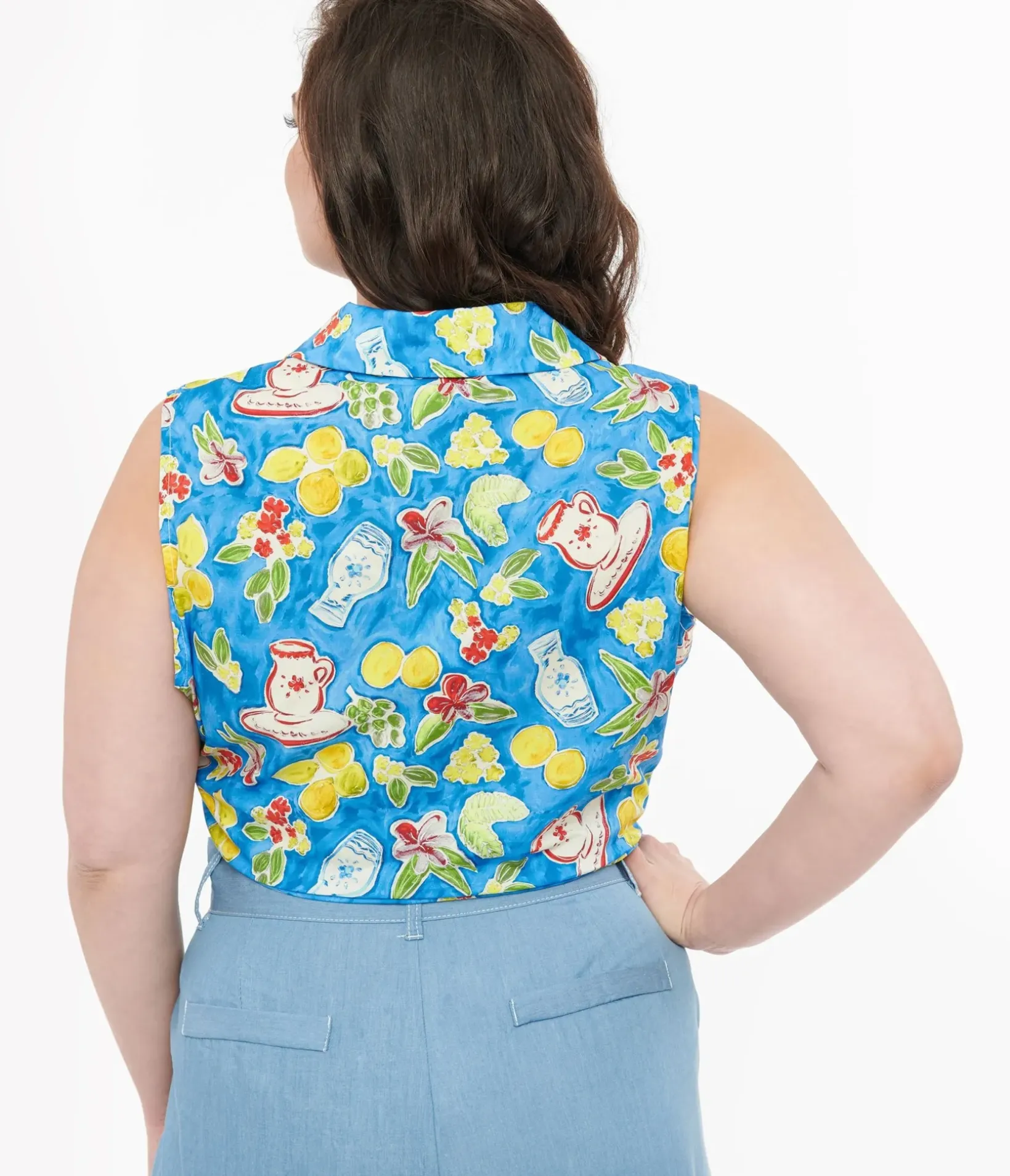 Unique Vintage Summer Vacation>Plus Size 1950s Blue Lemon In My Tea Print Crop Top
